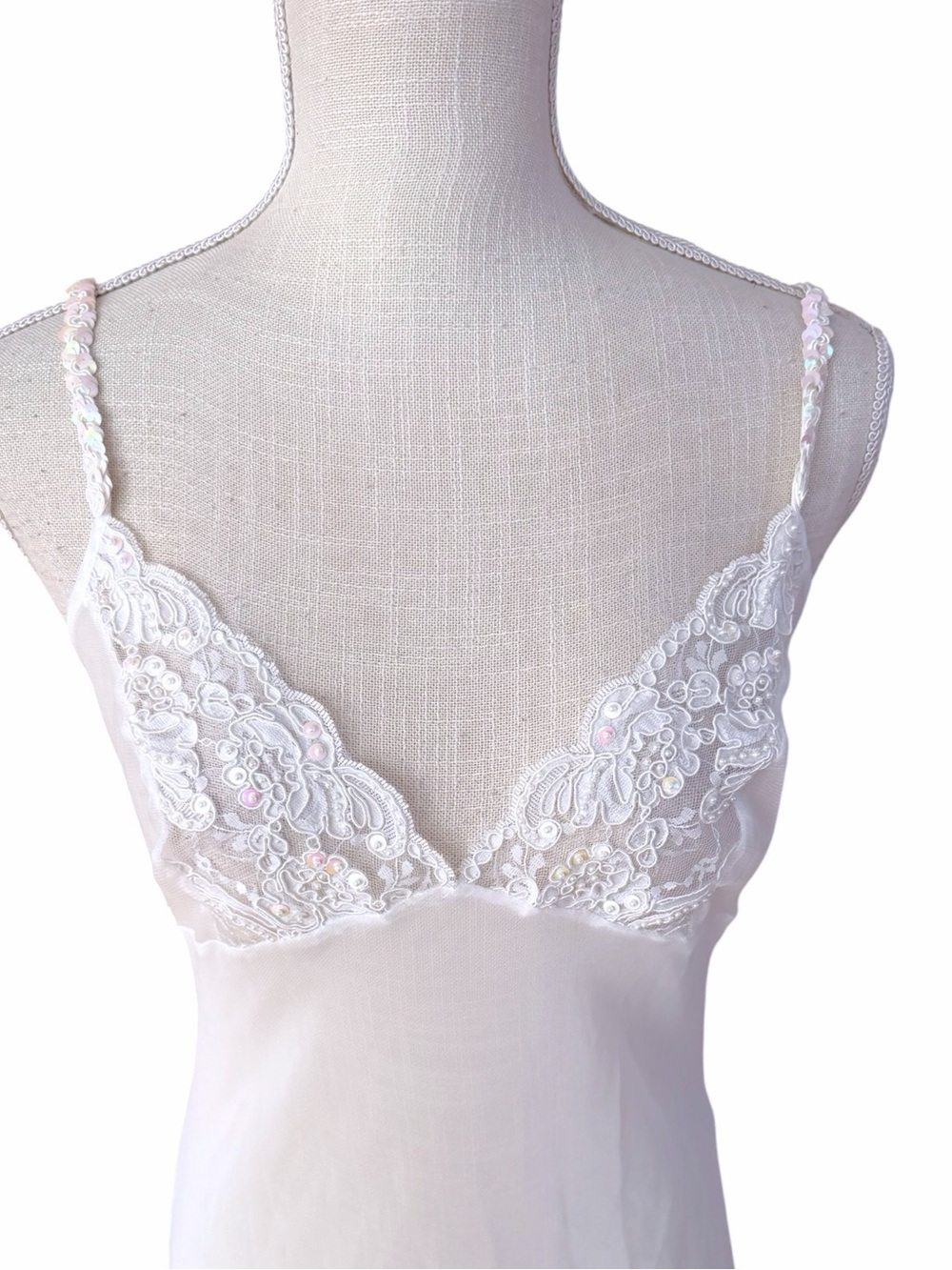 Vintage Fredericks of Hollywood White Sheer Maxi Slip Dress Sequin Lace S/M NWOT - Picture 2 of 6